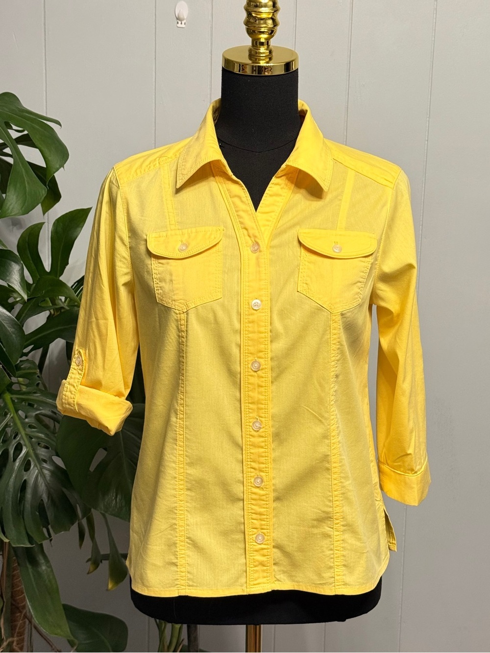 #17)  Christopher & Banks Bright Yellow Button-Front Shirt with Stretch
